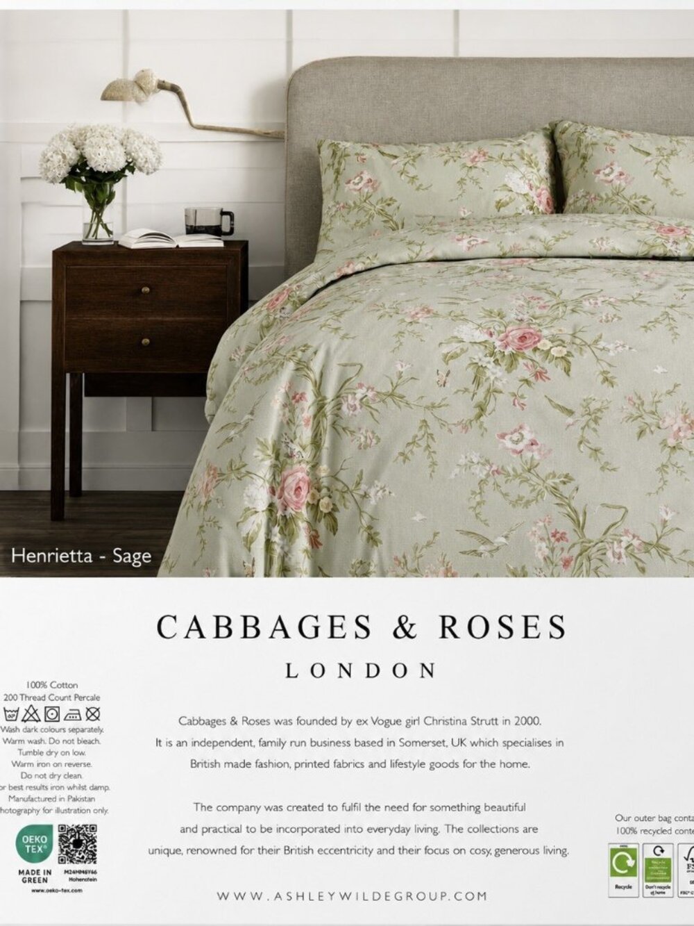 Cabbages & Roses QUEEN Size Cotton Duvet Cover Set  -  Henrietta-Sage Floral